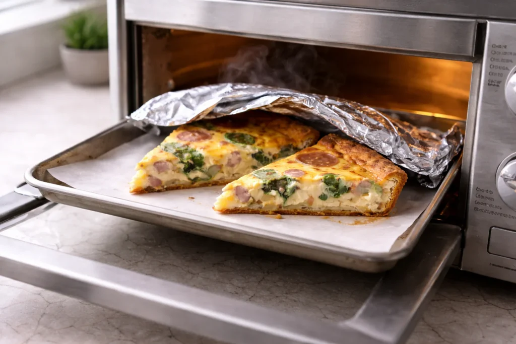 One to two quiche slices warming in a toaster oven on a lined tray with foil, crust edges crisping and steam rising