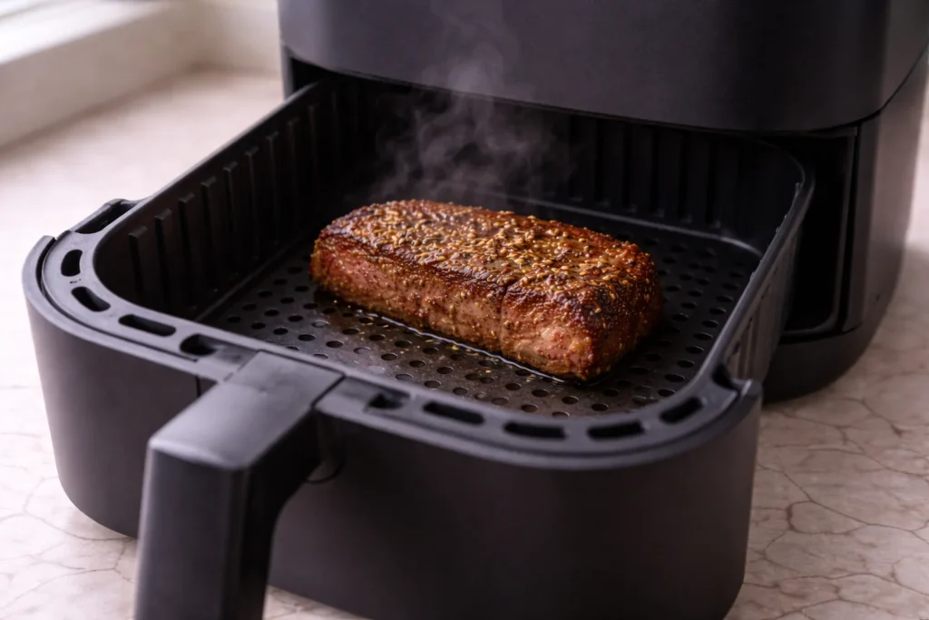Leftover steak warming in an air fryer basket with lightly crisped edges and steam rising
