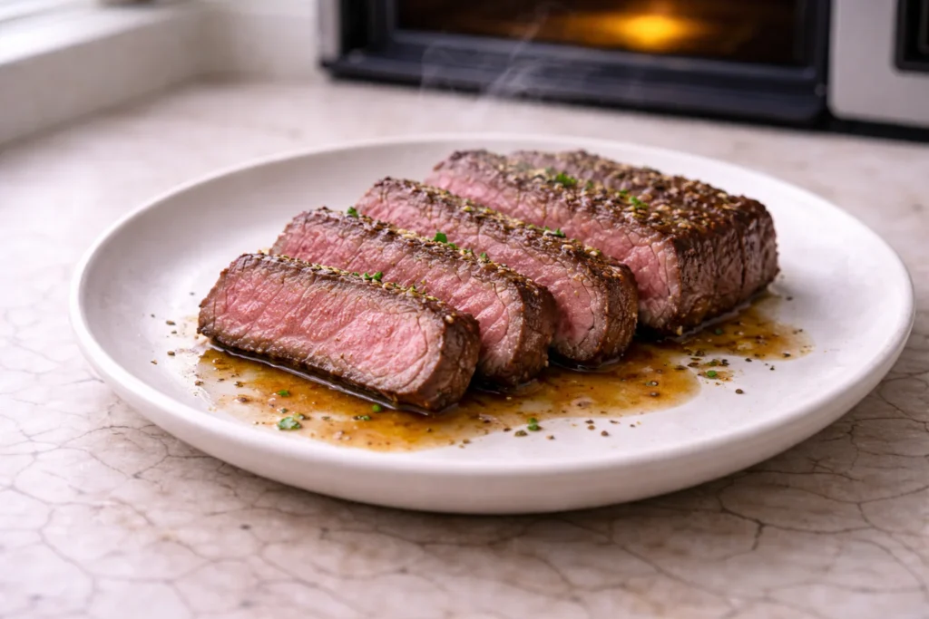 Sliced reheated steak on a white plate with a juicy center, browned crust, and warm pan juices in natural window light