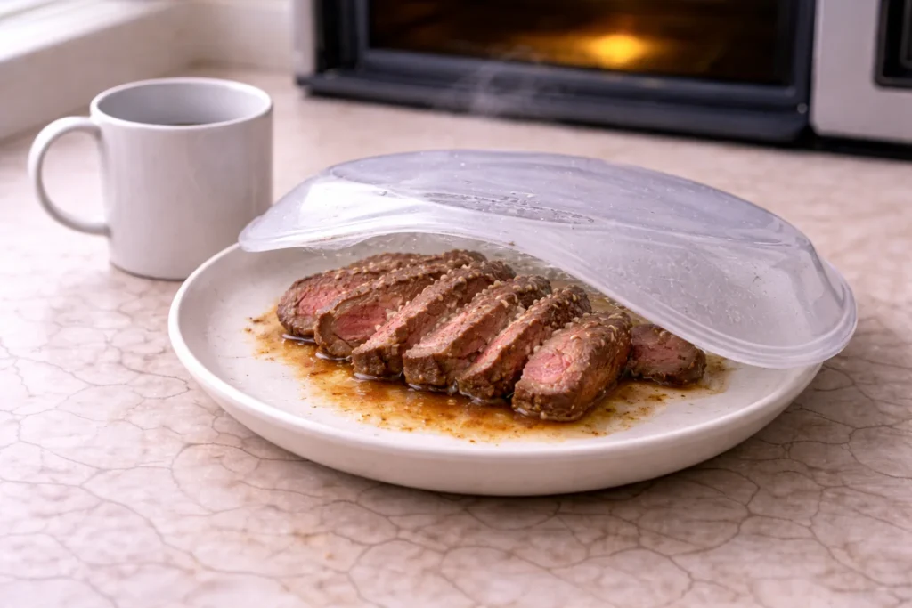 Sliced steak on a microwave-safe plate with broth and a mug of water beside it for gentle low-power reheating