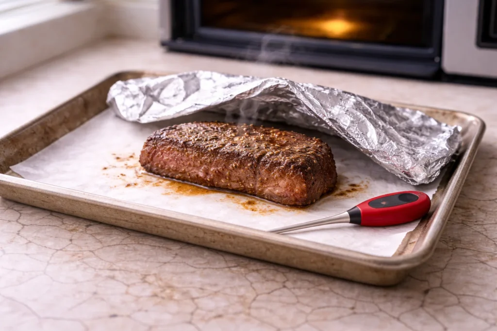 Steak reheating on a baking sheet in the oven under loose foil with a thermometer nearby before a quick sear
