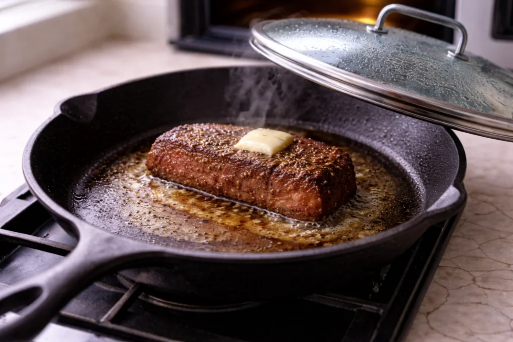Leftover steak warming in a skillet with butter and a splash of broth under a partially covered lid to stay juicy