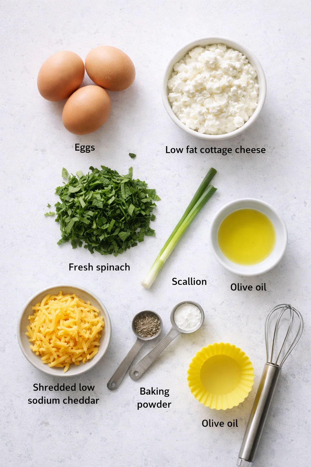 Ingredients for low sodium egg breakfast muffins laid out