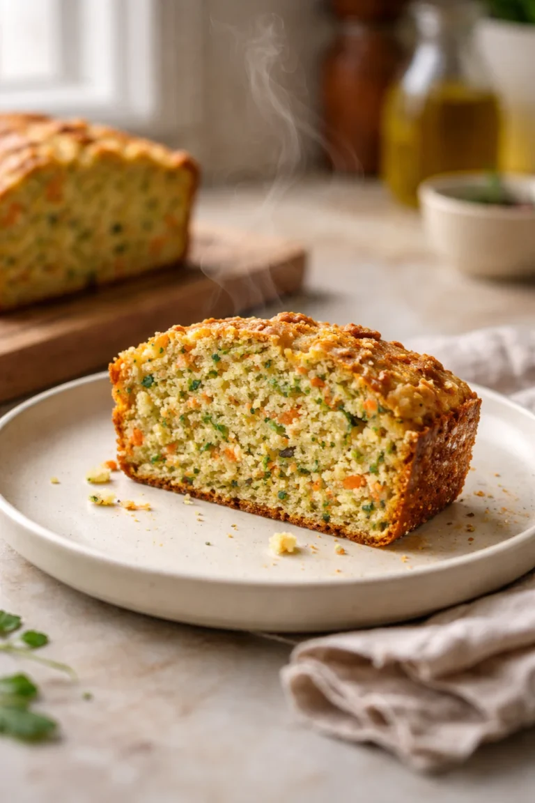 Slice of savory zucchini and carrot quick bread on a plate in a cozy home kitchen