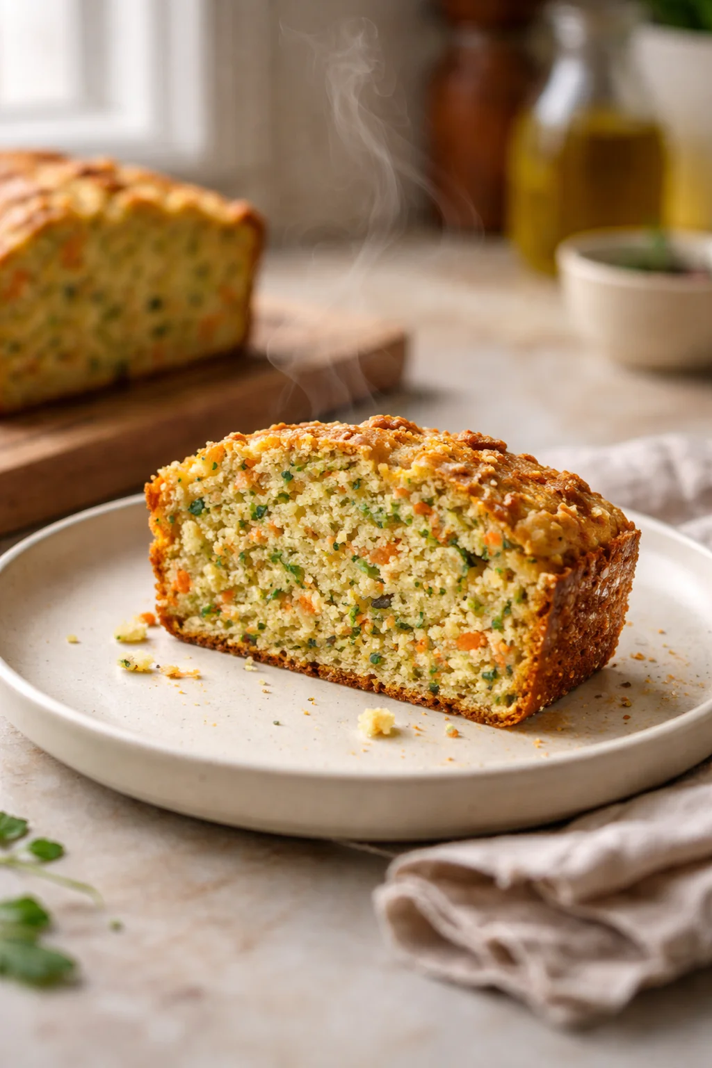 Mini zucchini and carrot quick bread loaf on a plate