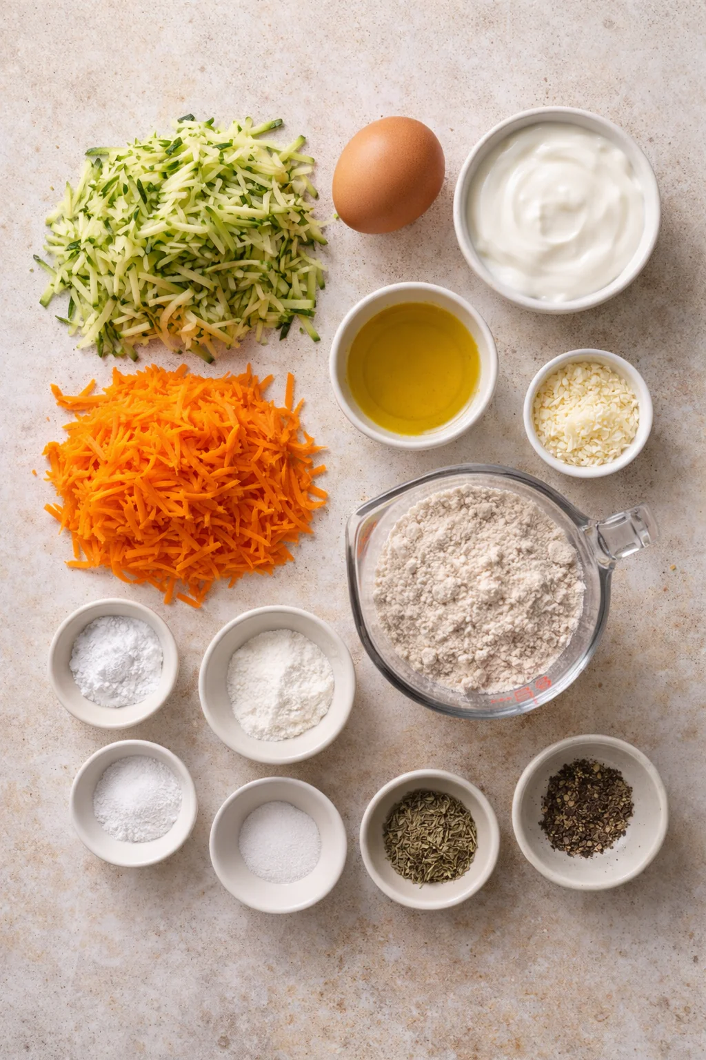 Bowl of grated zucchini and carrot with measuring spoons