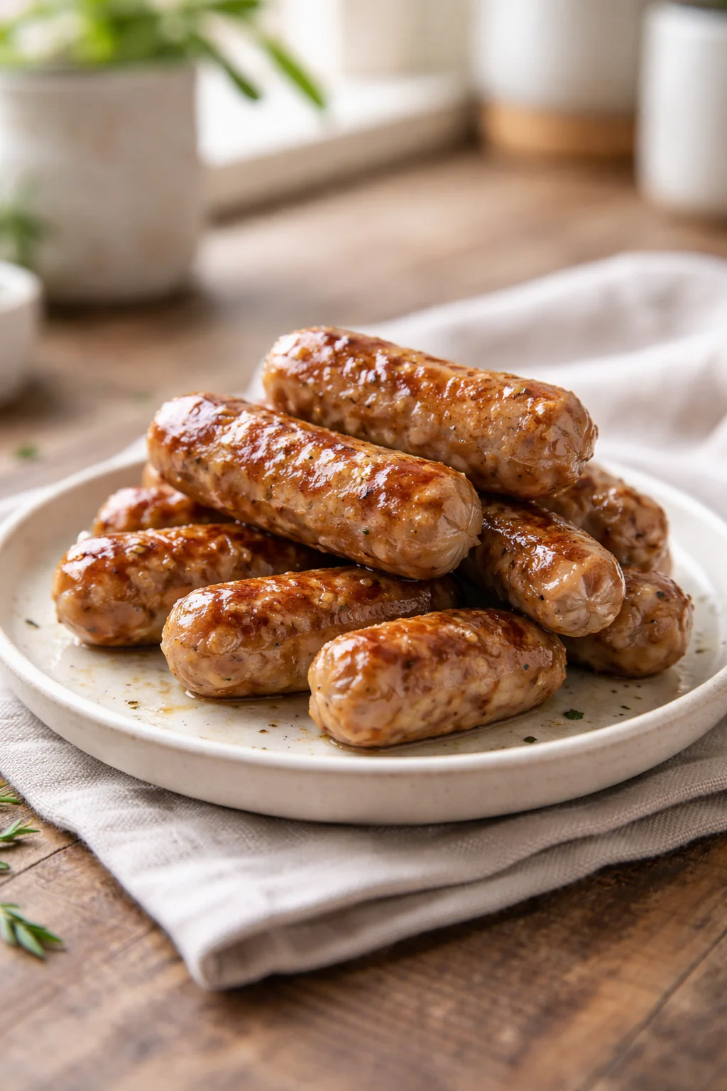 Air fryer breakfast sausages on a plate with herbs