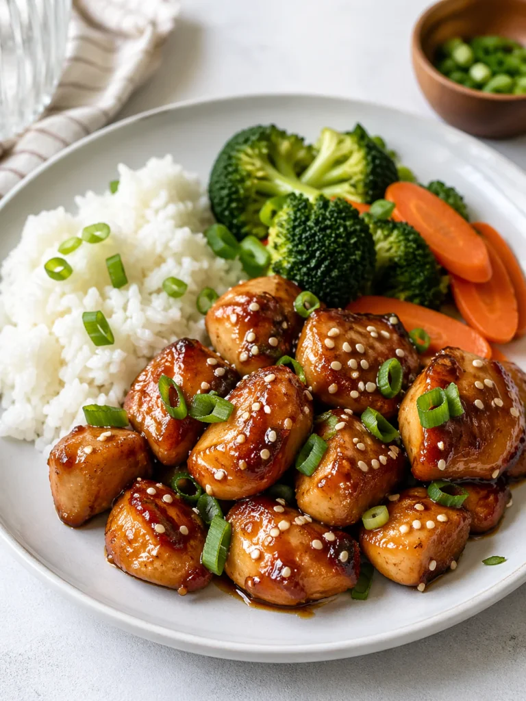 Air fryer honey garlic chicken bites with rice and vegetables