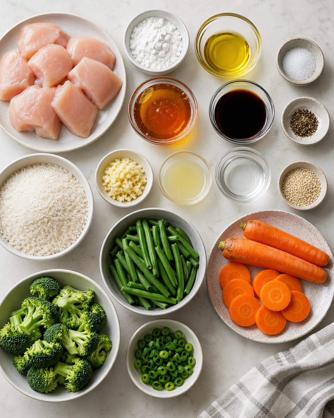Ingredients for honey garlic chicken bites on a countertop