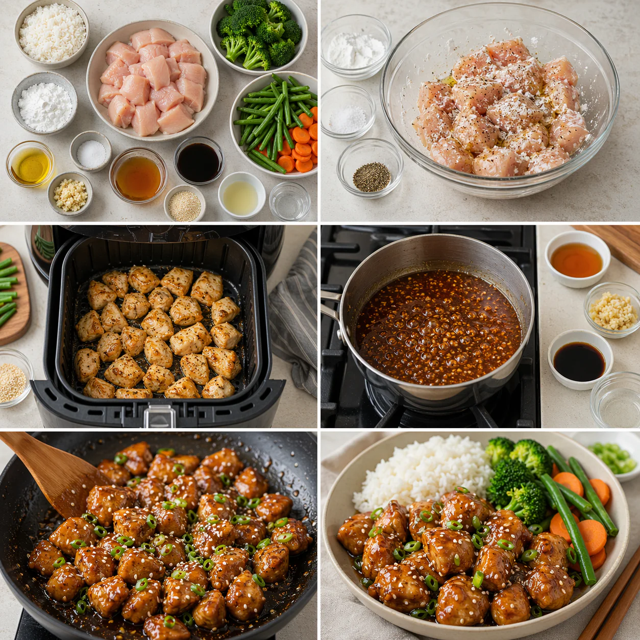 Chicken bites cooking in an air fryer basket
