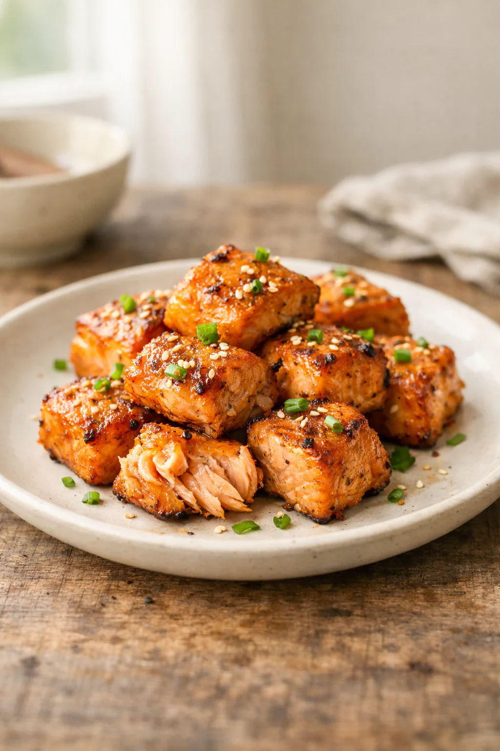 Air fryer salmon bites on a plate