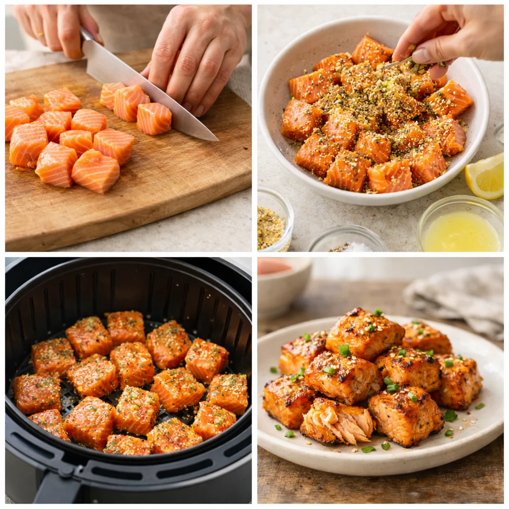 Air fryer with salmon bites cooking