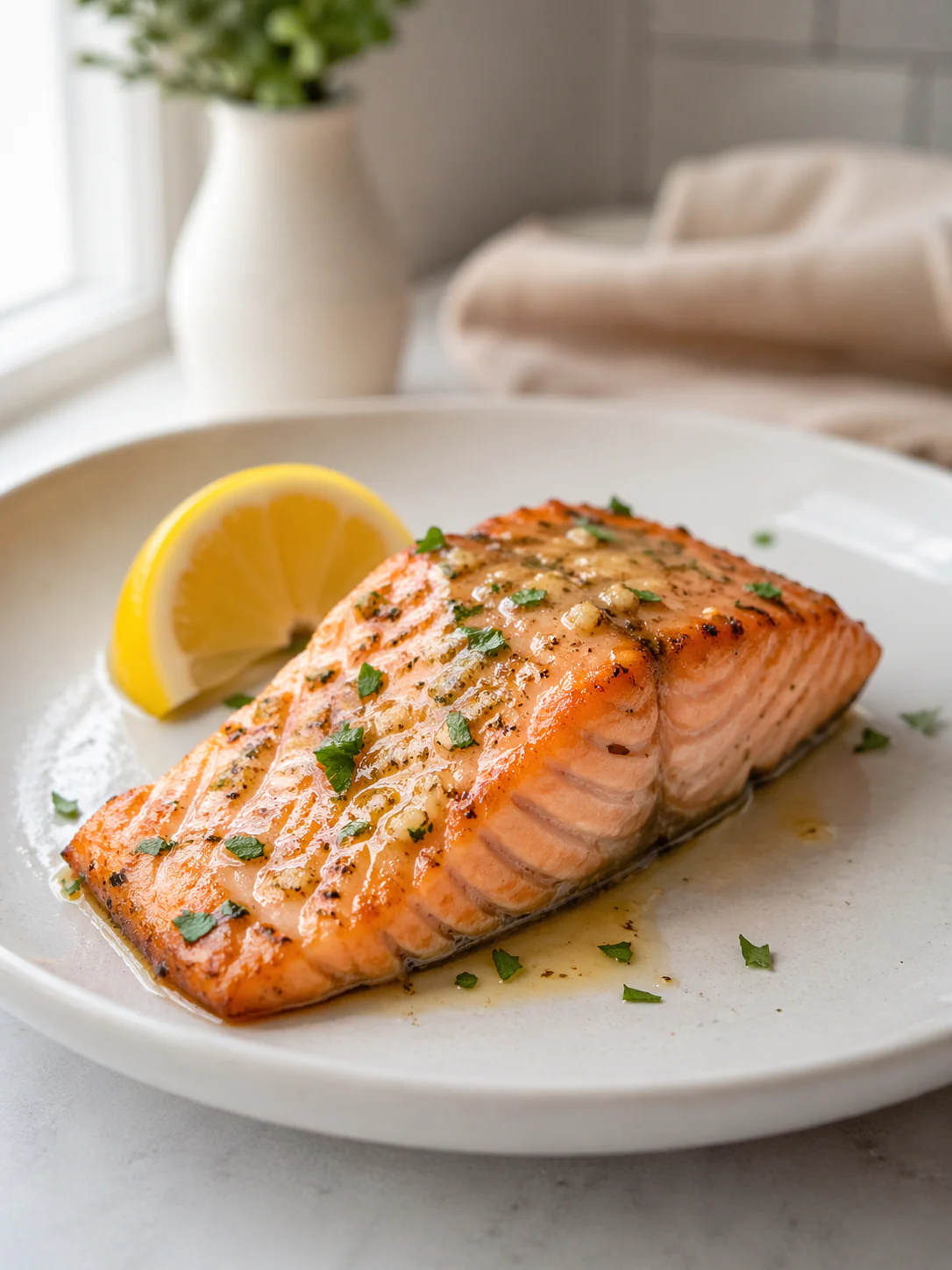 Air fryer salmon fillets with garlic butter on a plate