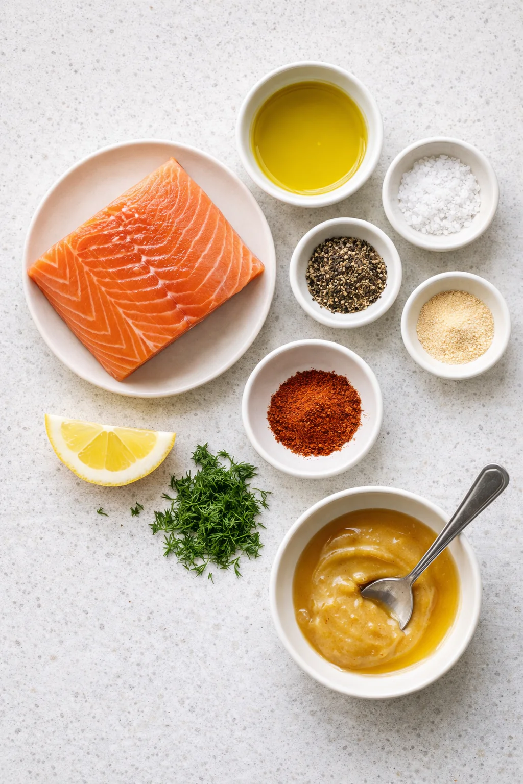 Salmon fillet on cutting board with olive oil and seasonings