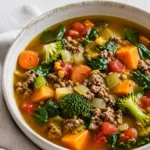 Anti-inflammatory ground beef soup with vegetables in turmeric broth