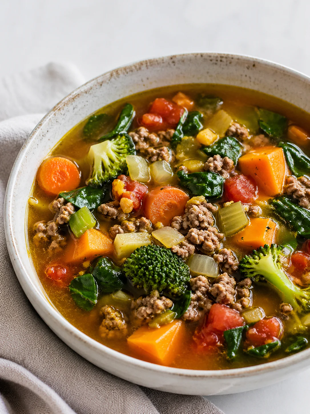 Anti-inflammatory ground beef soup in a bowl