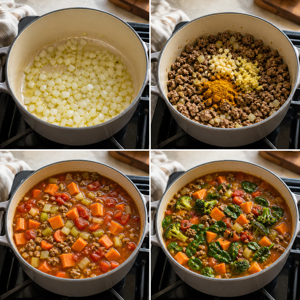 Step-by-step process for making anti-inflammatory ground beef soup