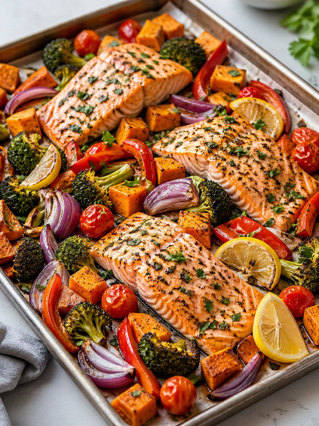 Anti-inflammatory salmon sheet pan dinner served with roasted vegetables