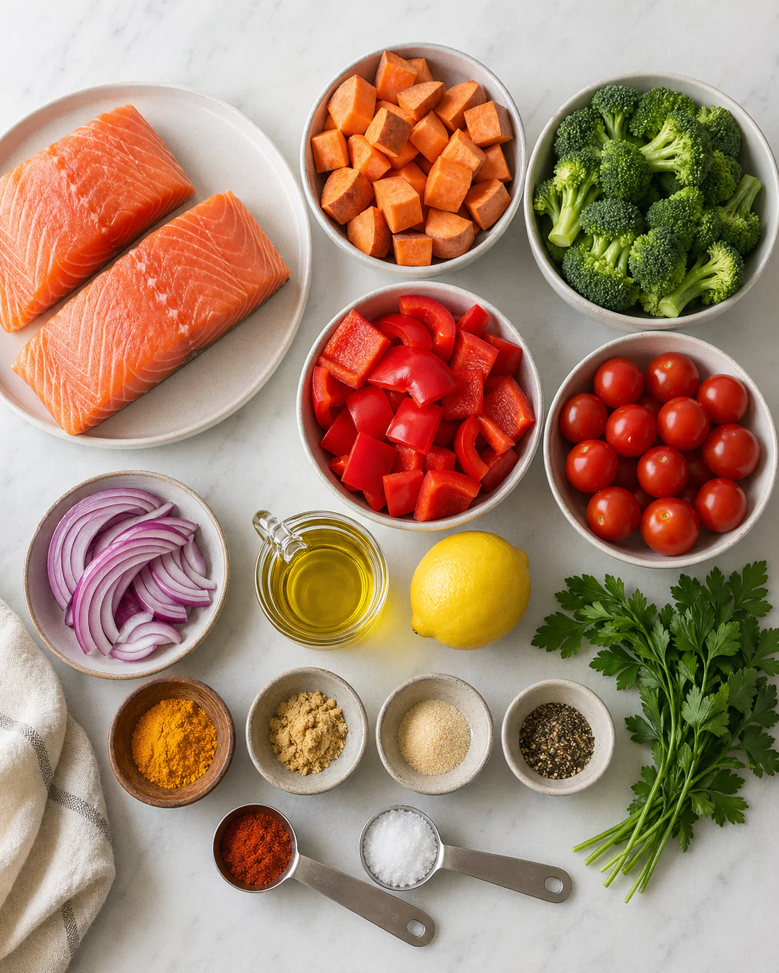 Ingredients for anti-inflammatory salmon sheet pan dinner