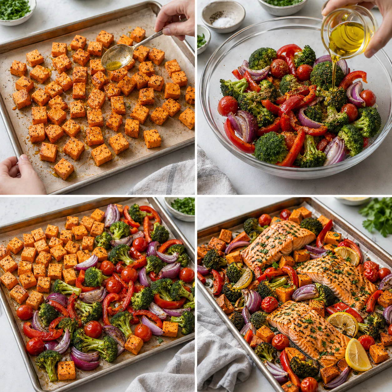 Step by step process for making salmon sheet pan dinner