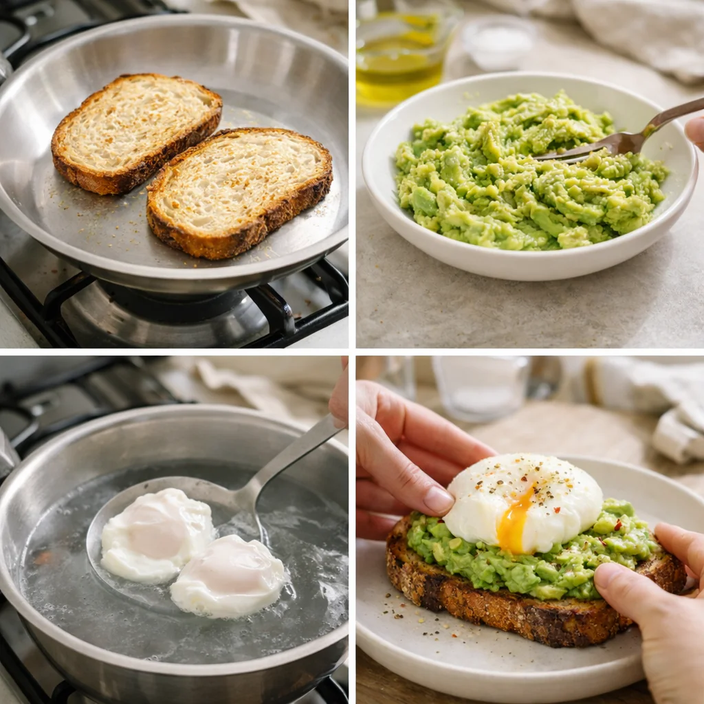 Preparing avocado toast with egg