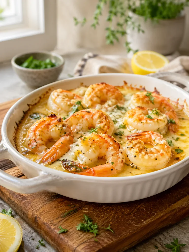 Baked parmesan shrimp scampi in lemon butter sauce