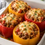 Beef stuffed bell peppers with rice, tomatoes, and melted cheese