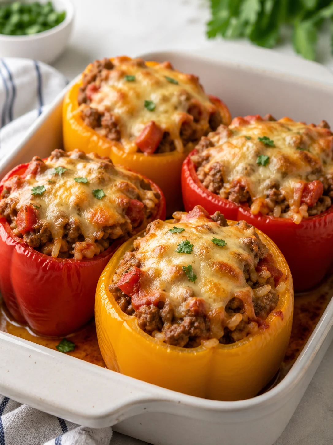 Beef stuffed bell peppers served as a cozy baked dinner
