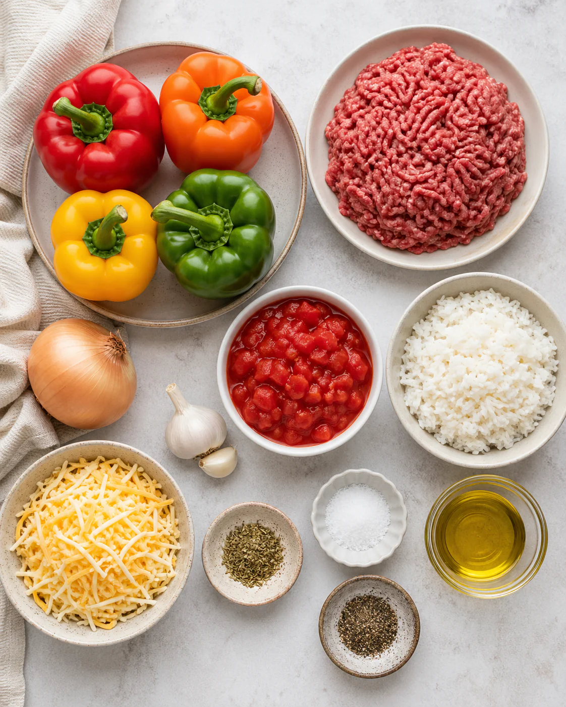 Ingredients for beef stuffed bell peppers on a prep surface