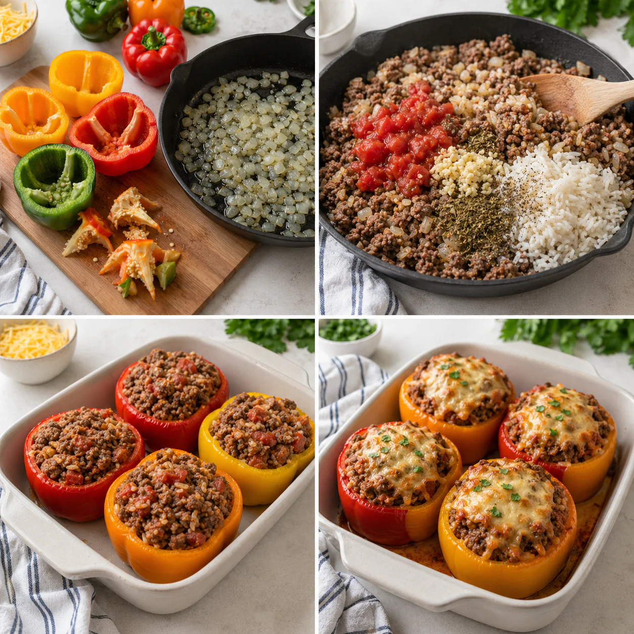 Step-by-step process for making beef stuffed bell peppers