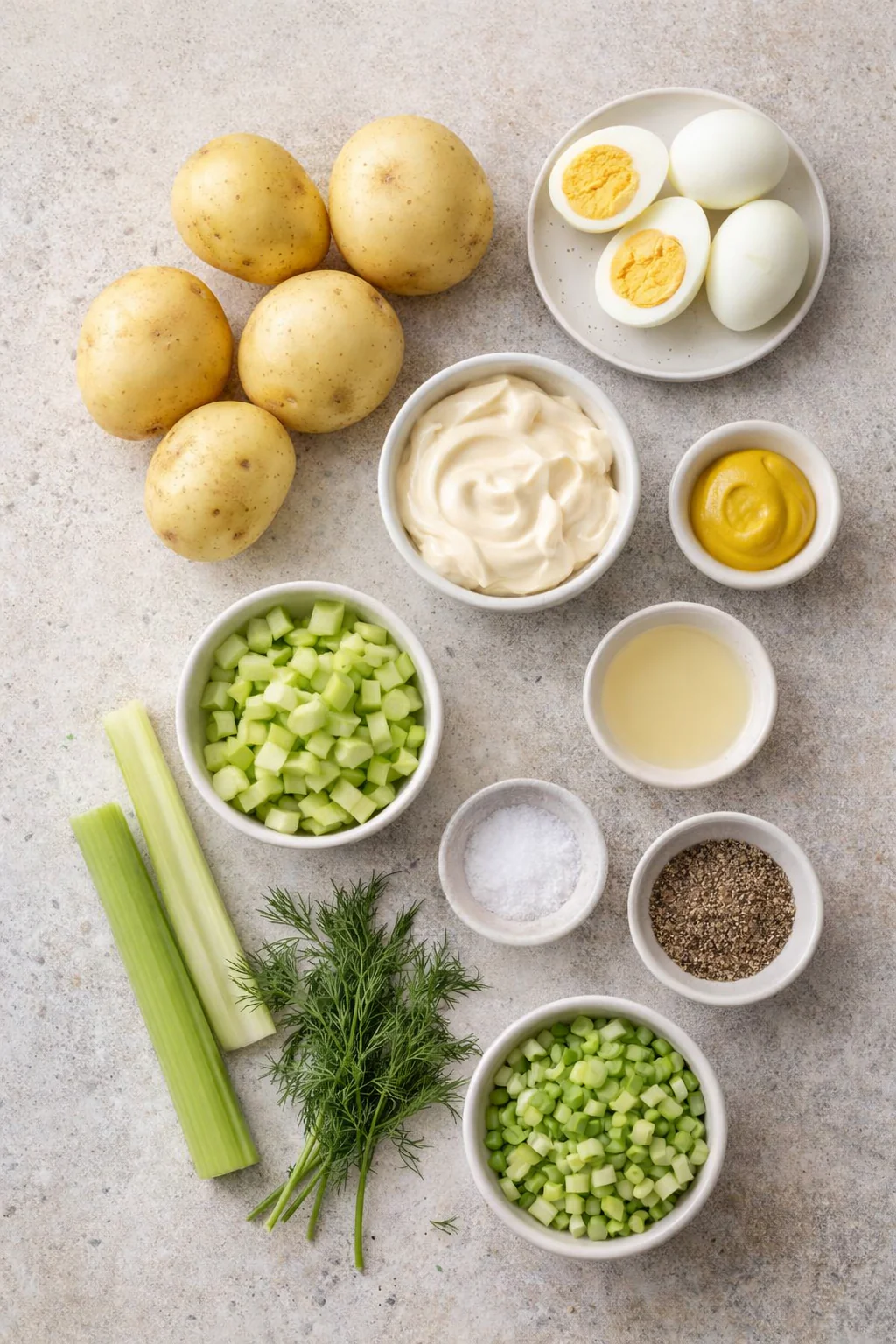 Ingredients for potato salad with eggs and dill