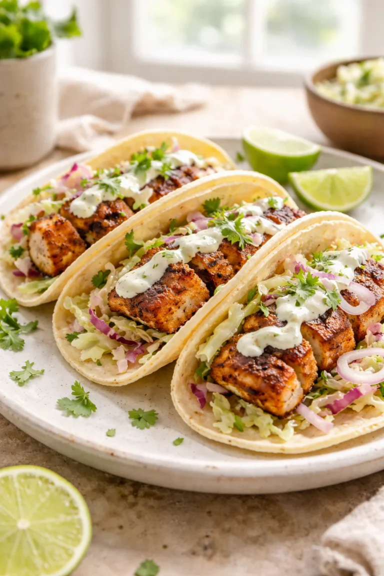 blackened fish tacos with cabbage slaw and lime yogurt sauce