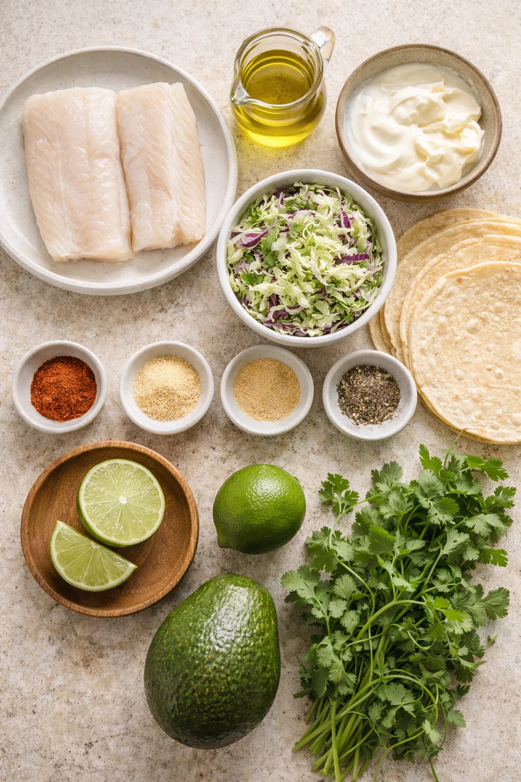 Ingredients for blackened fish tacos laid out on a surface