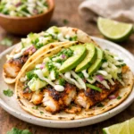blackened fish tacos with avocado and cabbage salad