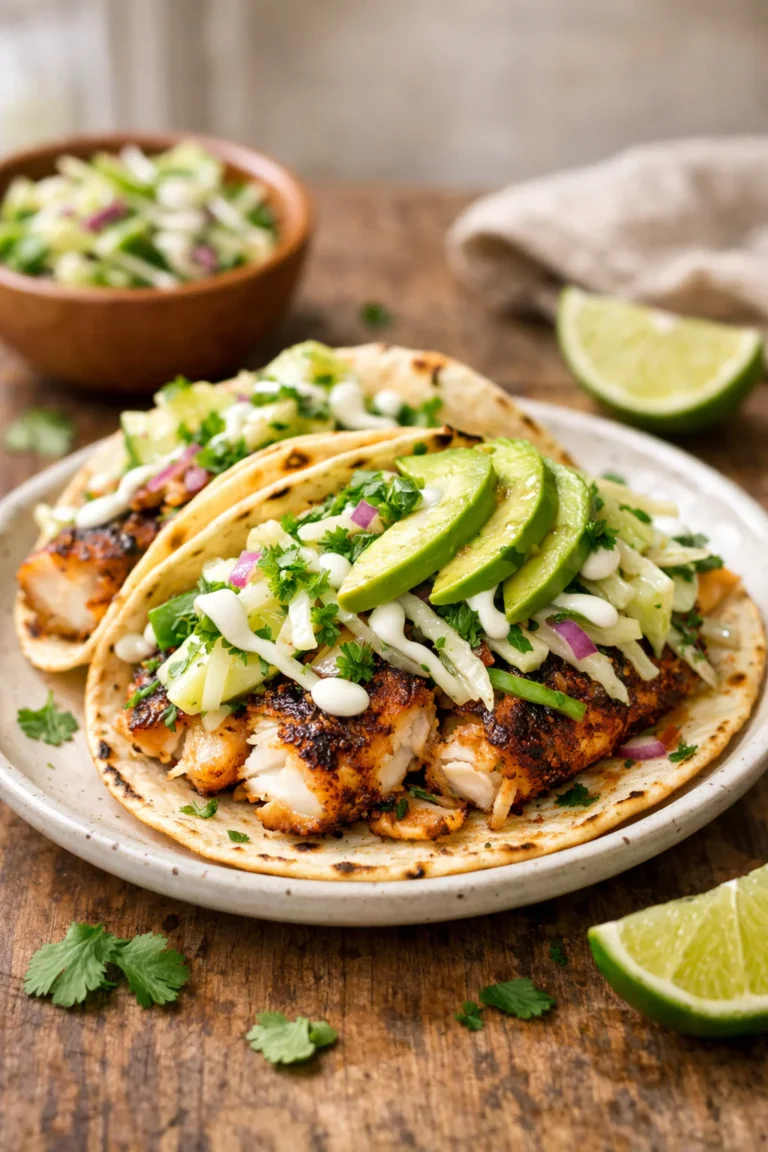 blackened fish tacos with avocado and cabbage salad