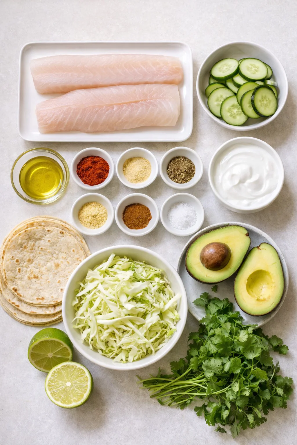Ingredients for mild blackened fish tacos laid out