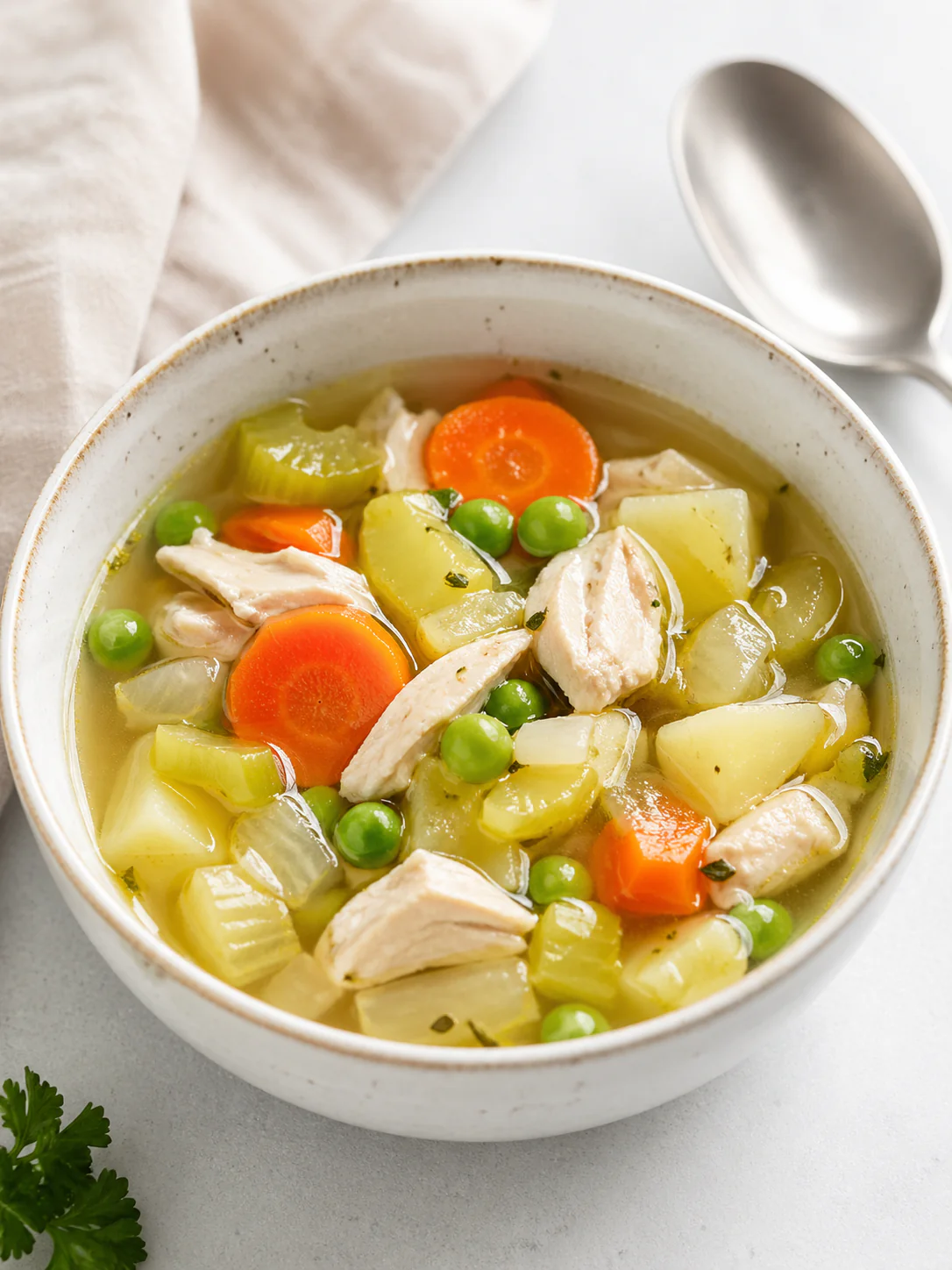 Chicken and vegetable freezer soup in a bowl