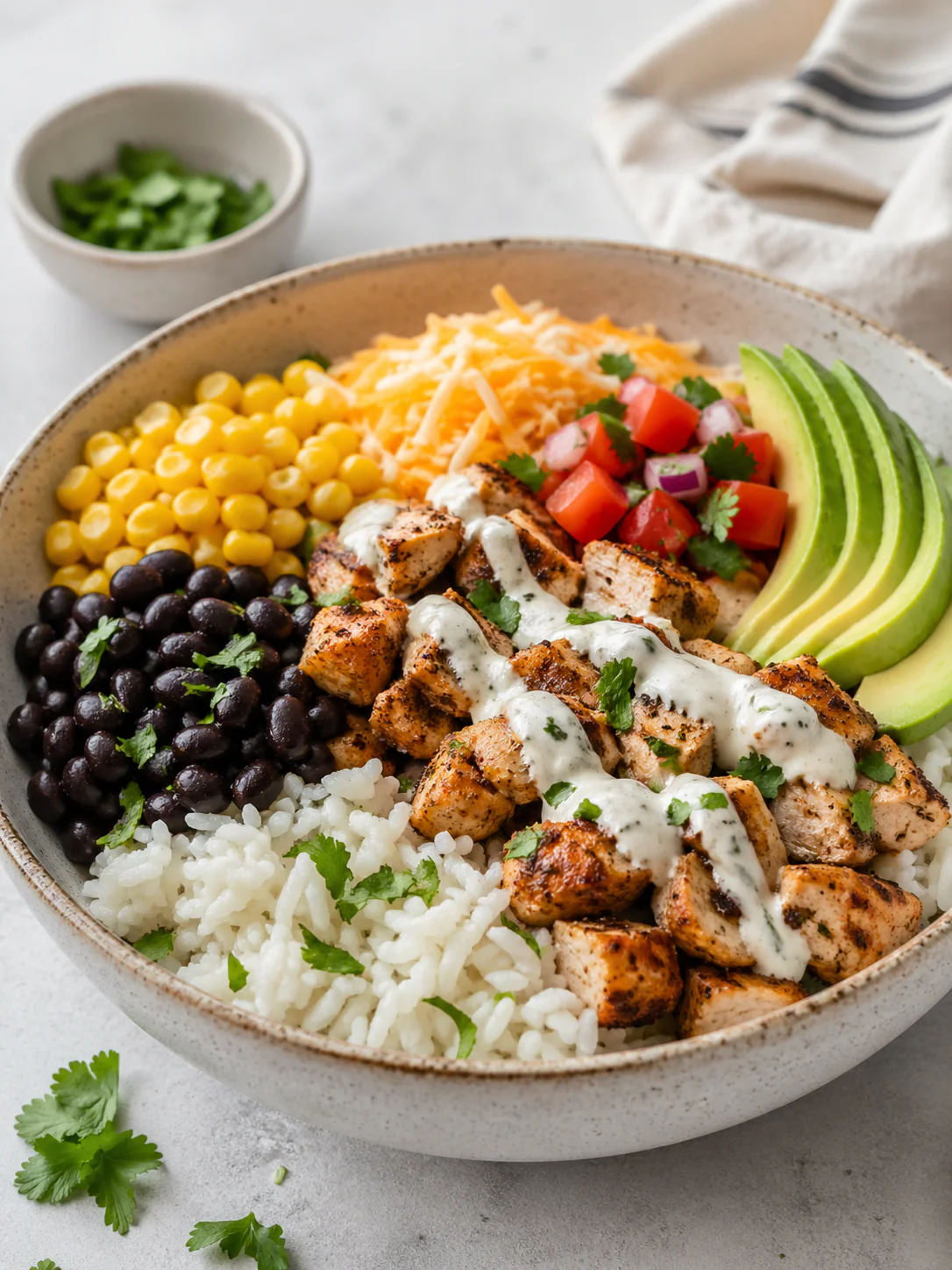 Chicken burrito bowl served in a colorful bowl