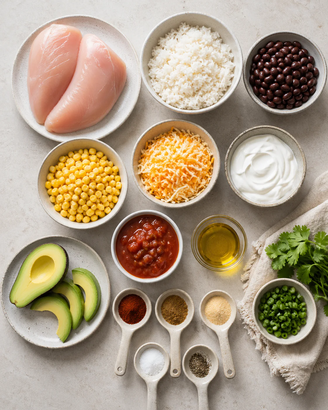 Ingredients for chicken burrito bowl arranged on a counter