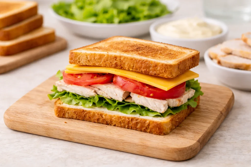 Club sandwich being assembled in order with mayo, lettuce, chicken, tomato, cheese, and toasted bread