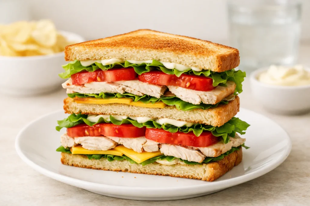Triple-decker club sandwich showing the clean layer order of toast, mayo, lettuce, chicken, tomato, and cheese