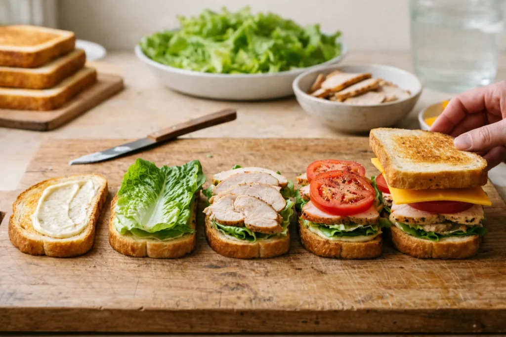 Club sandwich ingredients arranged in order with toasted bread, mayonnaise, lettuce, chicken, tomato, and cheese