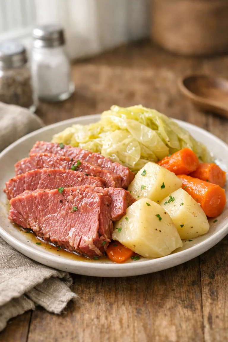 corned beef and cabbage plate with potatoes and carrots