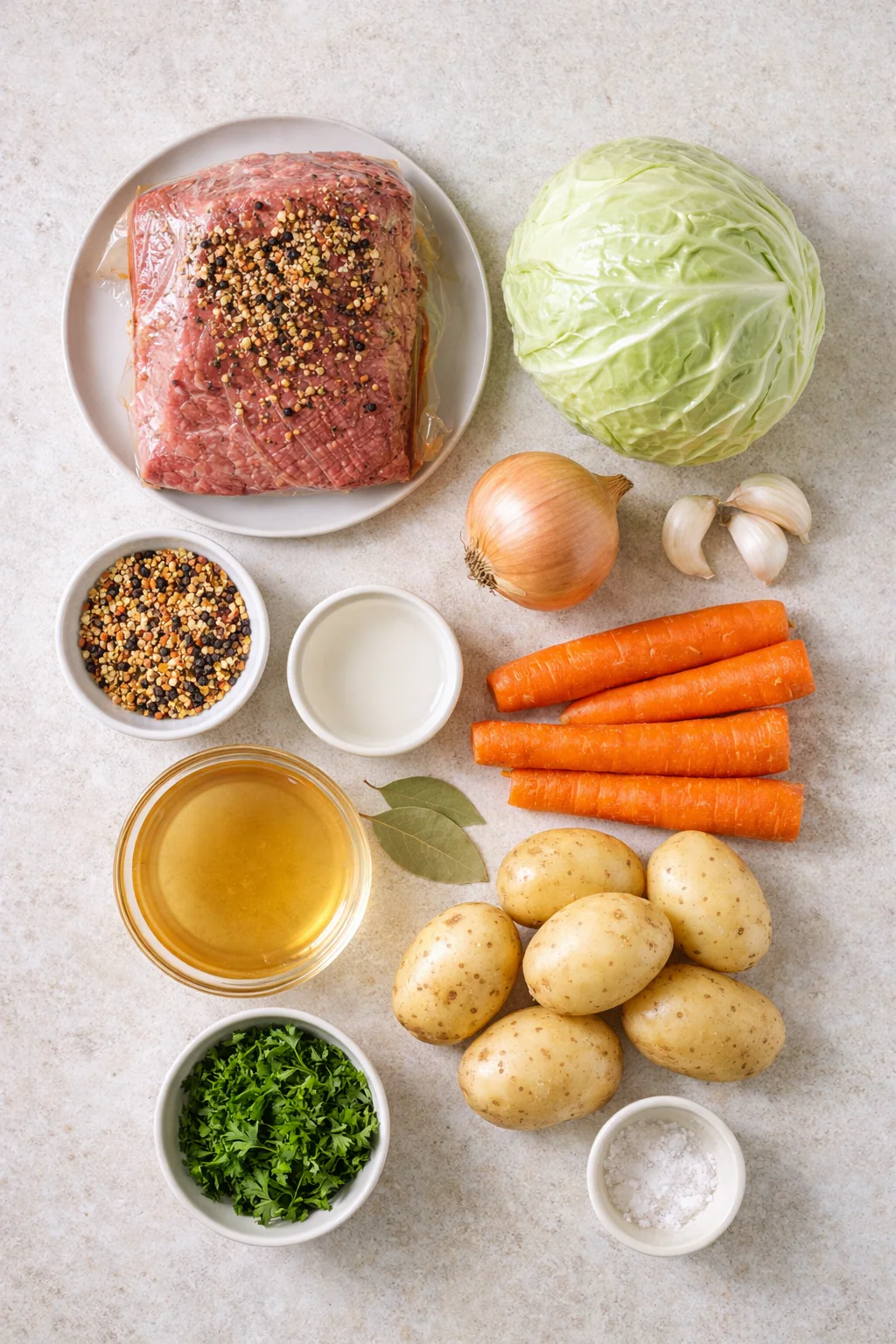 Ingredients for corned beef and cabbage on a board