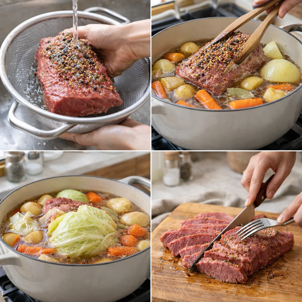 Steps showing corned beef cooking in a pot