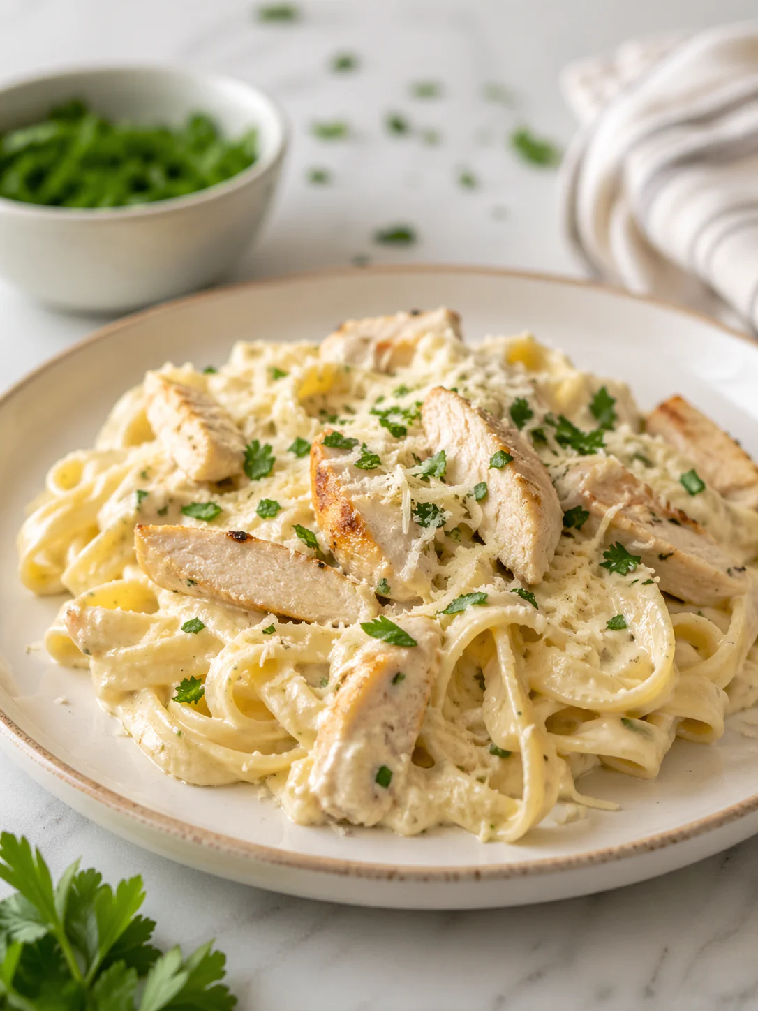 Cottage cheese Alfredo pasta with chicken