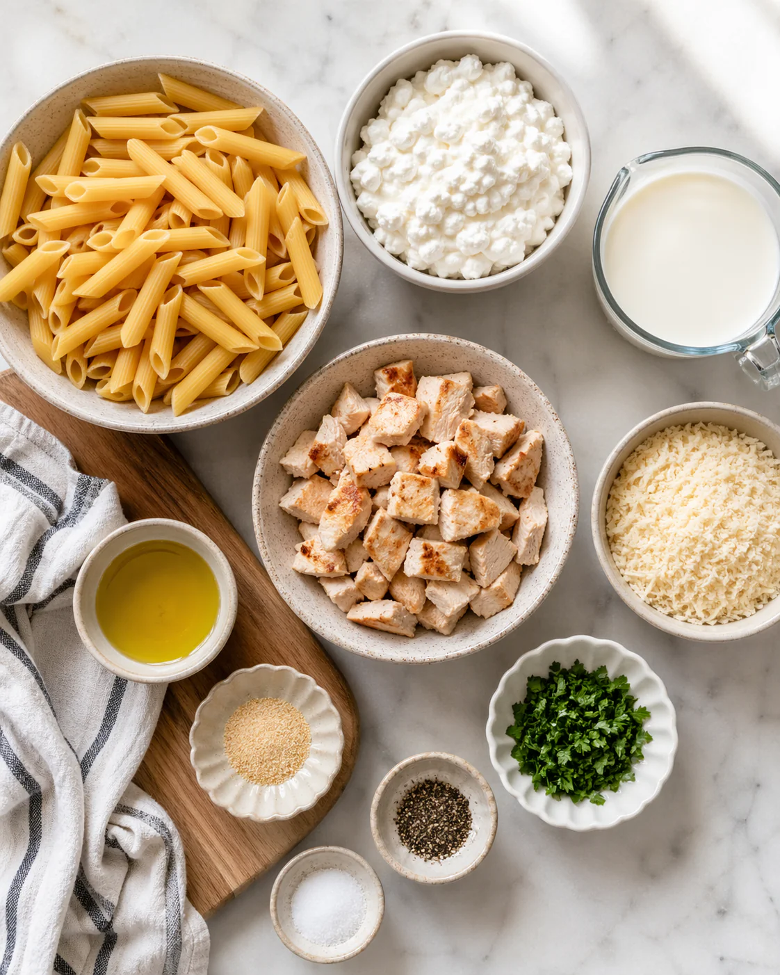 Ingredients for cottage cheese Alfredo pasta with chicken