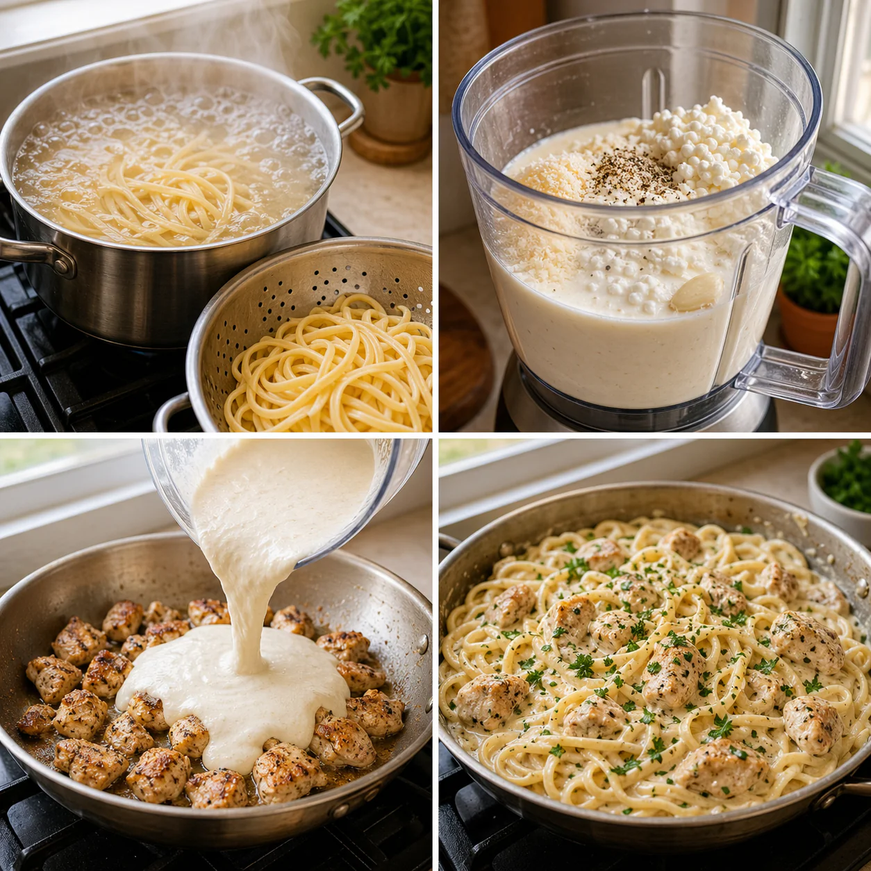 Steps for making cottage cheese Alfredo pasta with chicken