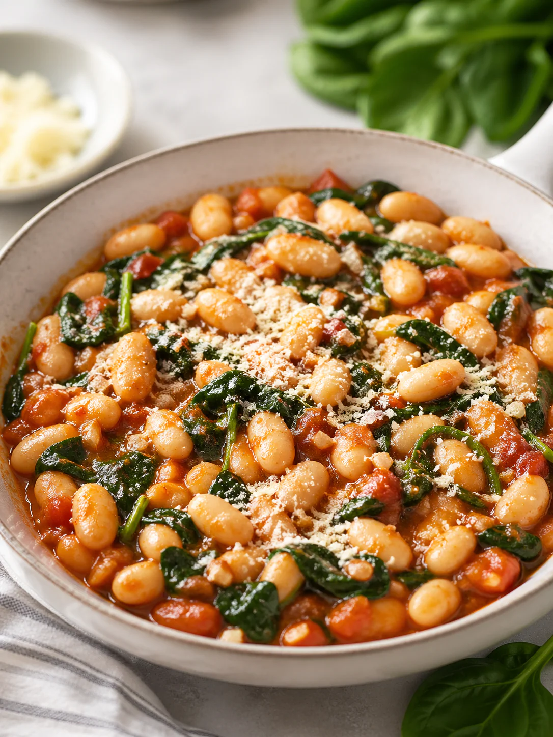 Creamy white bean and spinach skillet served warm in a pan