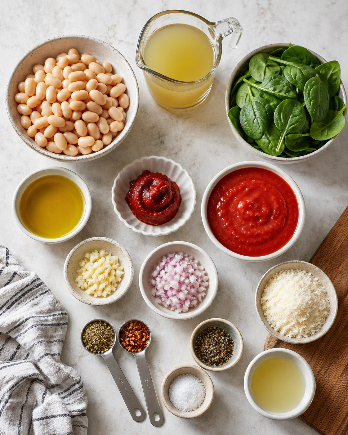 Ingredients for creamy white bean and spinach skillet